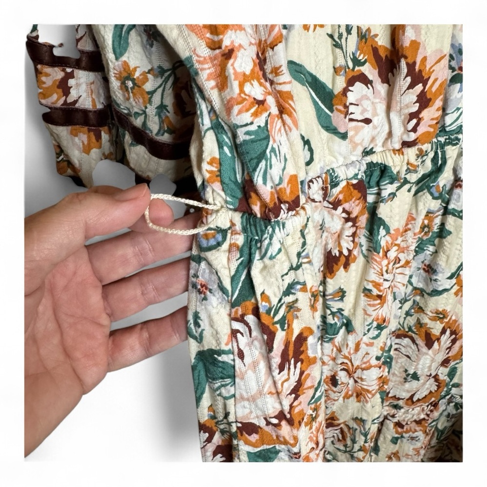 LC Lauren Conrad Boho Floral Dress Size L Velvet Trim Cottagecore - Picture 11 of 13